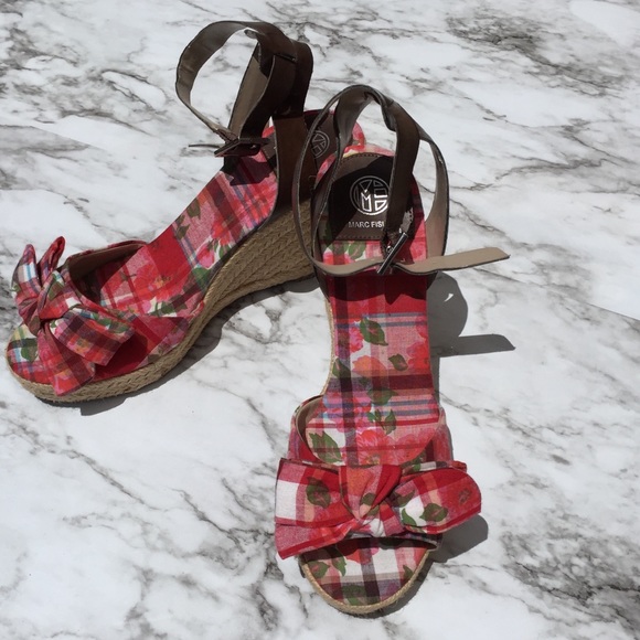 Marc Fisher | red plaid wedge sandals espadrilles - Picture 2 of 7